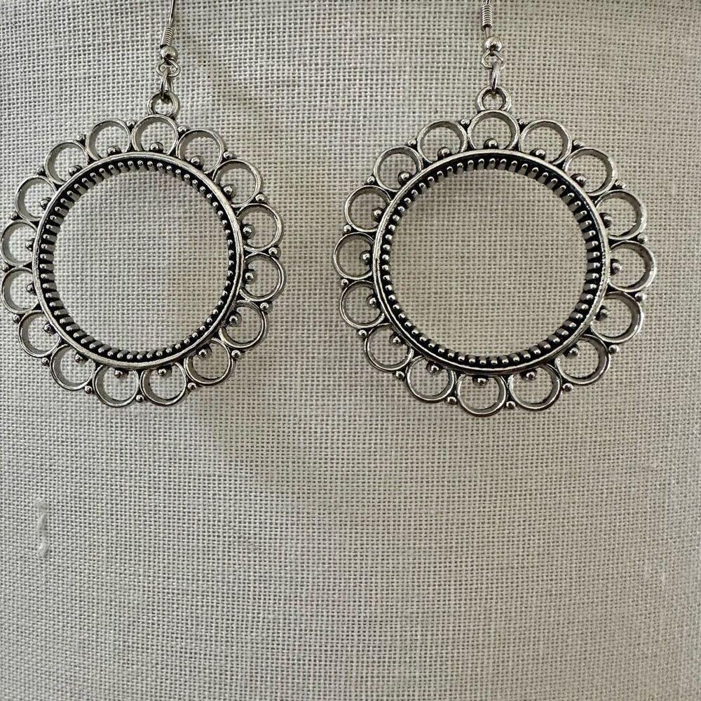 Large Silver Tone Openwork Boho Dangle Earrings